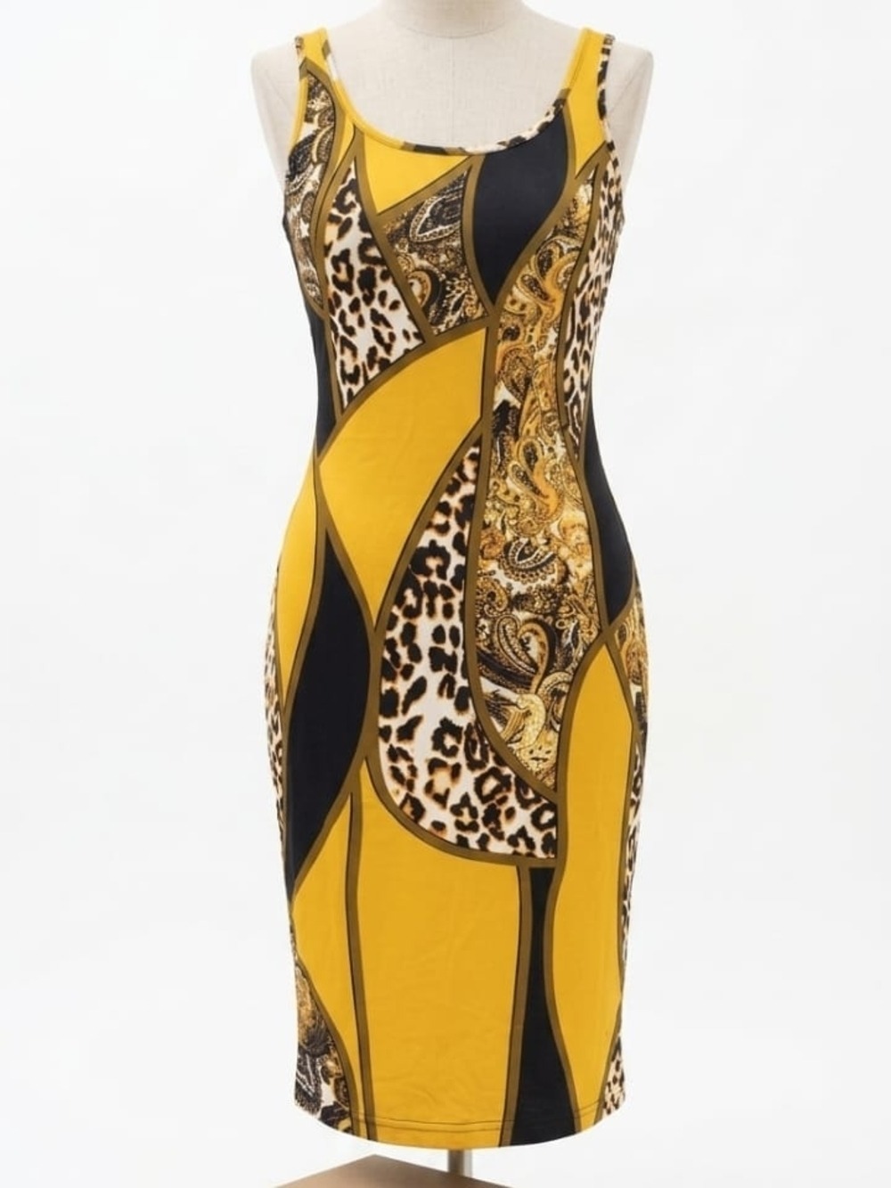 Mustard Yellow Patterned Midi Bodycon Dress